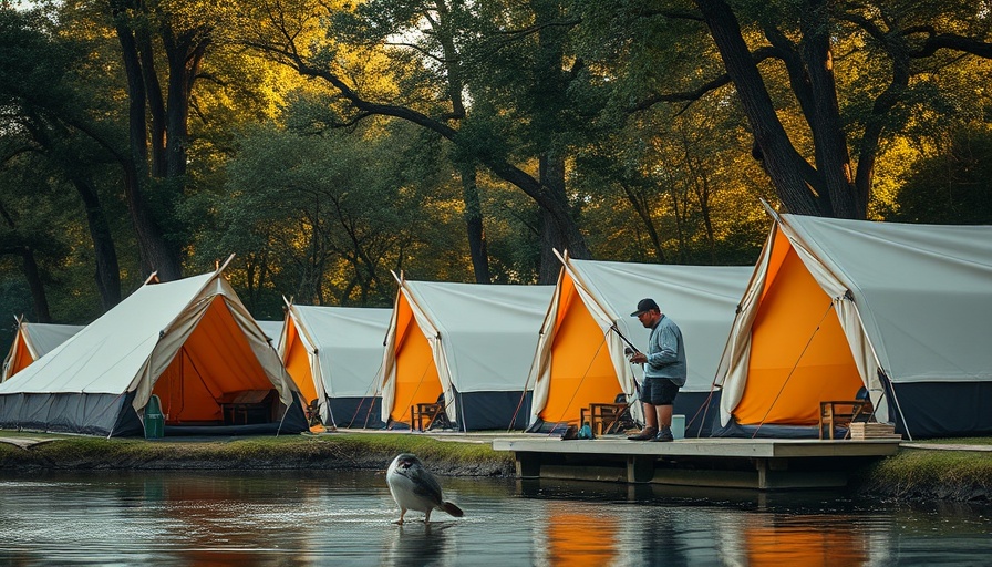 Man fishing at a glamping site near tents with lush surroundings.