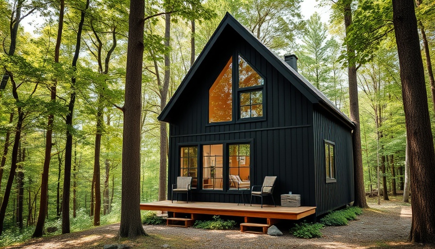 Cozy black cabin for glamping at Open Air Outpost.