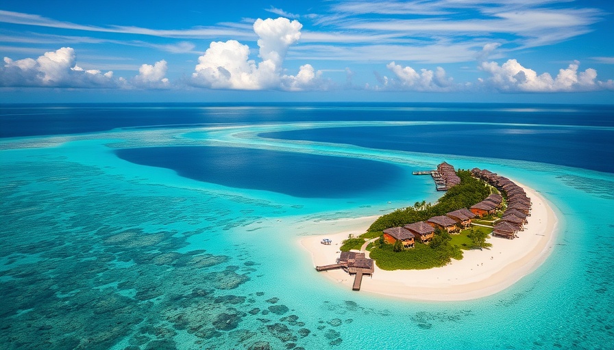 Luxurious glamping destination with overwater bungalows on a tropical island.