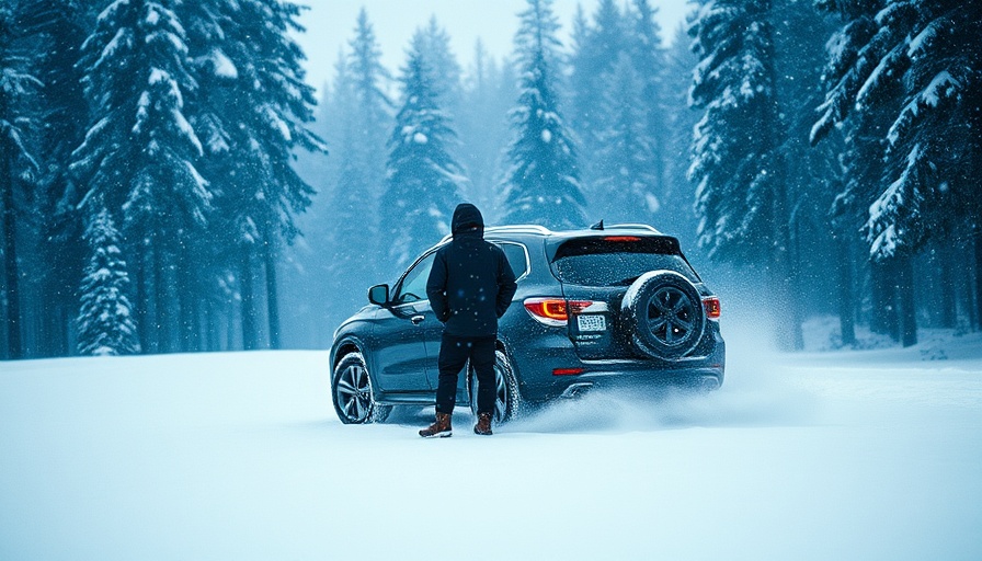 Snow Camping in Blizzard Winds showing person near car in blizzard.