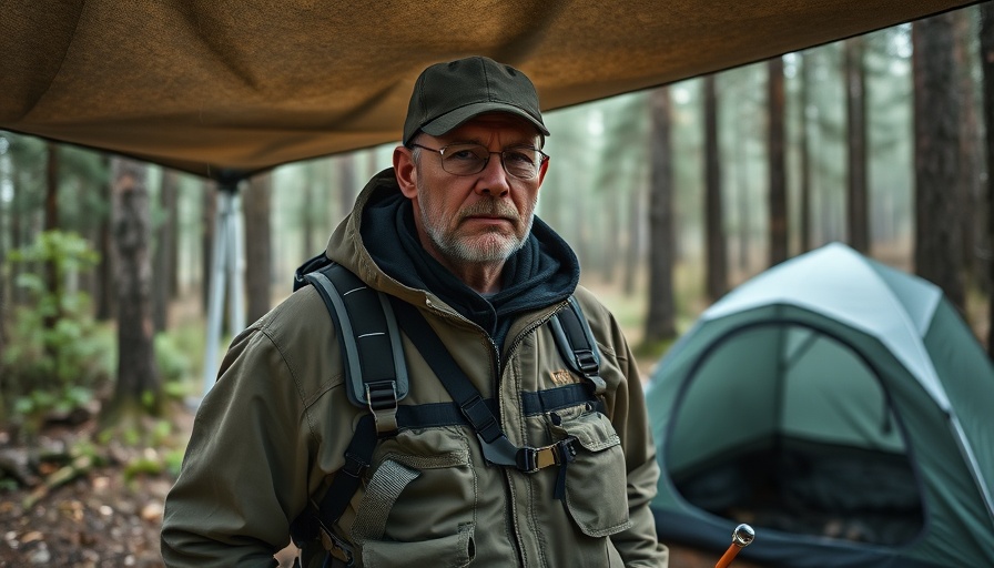 Storm camping tips: man ready under tarp shelter in forested area.