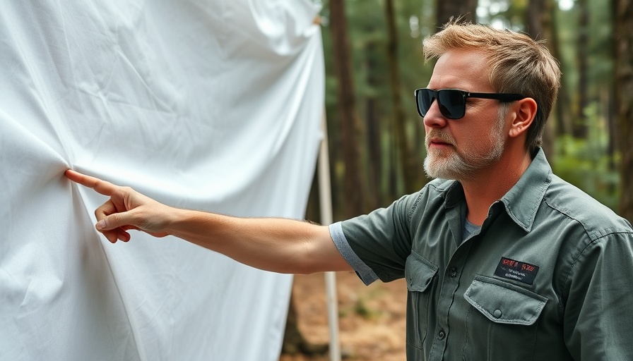 Man with sunglasses showcasing white tarp in forest.