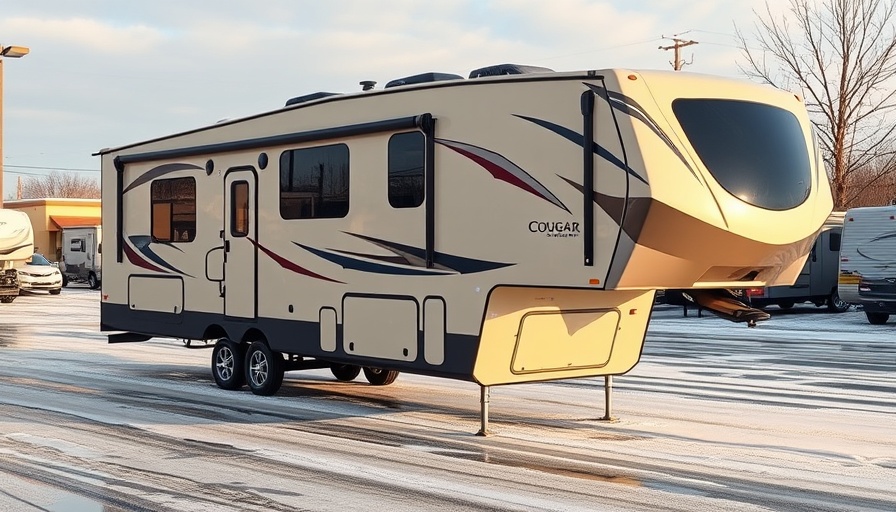 2020 Keystone Cougar Fifth Wheel parked at dealership on icy pavement.