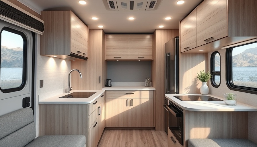 Modern front kitchen in a glamping travel trailer.