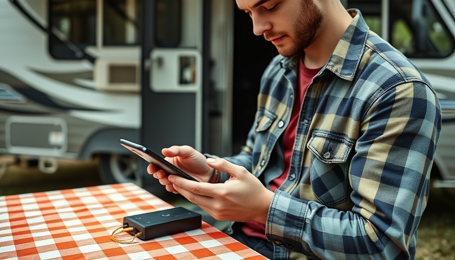 Individual charging smartphone with portable power station outdoors