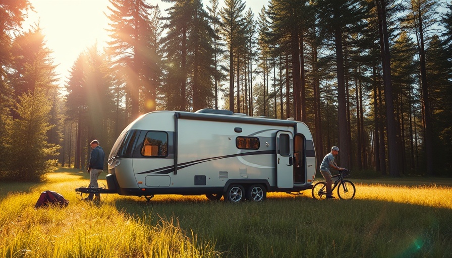 Modern travel trailer in forest clearing, people with bikes, What Is a Travel Trailer?
