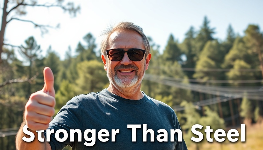 Man outdoors wearing sunglasses thumbs-up 'Stronger Than Steel' text.