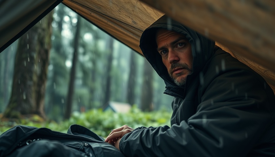 Man employs storm camping gear tips under tarp in rain.
