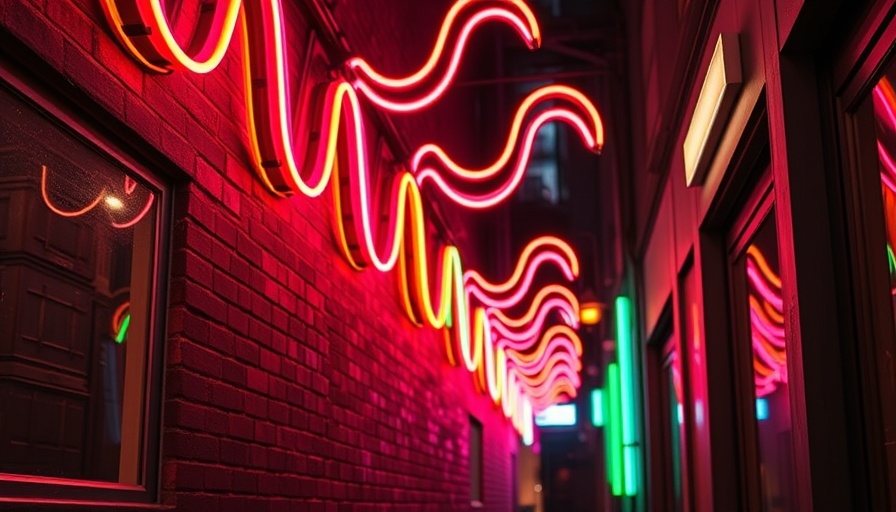 Vibrant neon light installation enhancing alley pedestrian safety.
