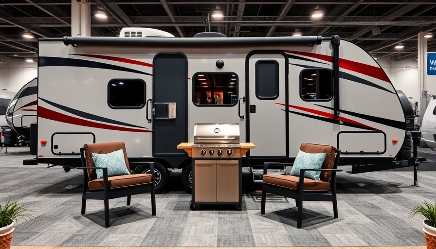 Modern travel trailer with patio featuring chairs and a grill.