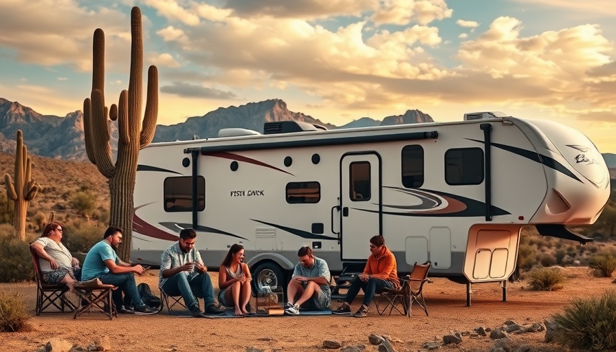 Family camping with fifth wheel bunkhouse in desert