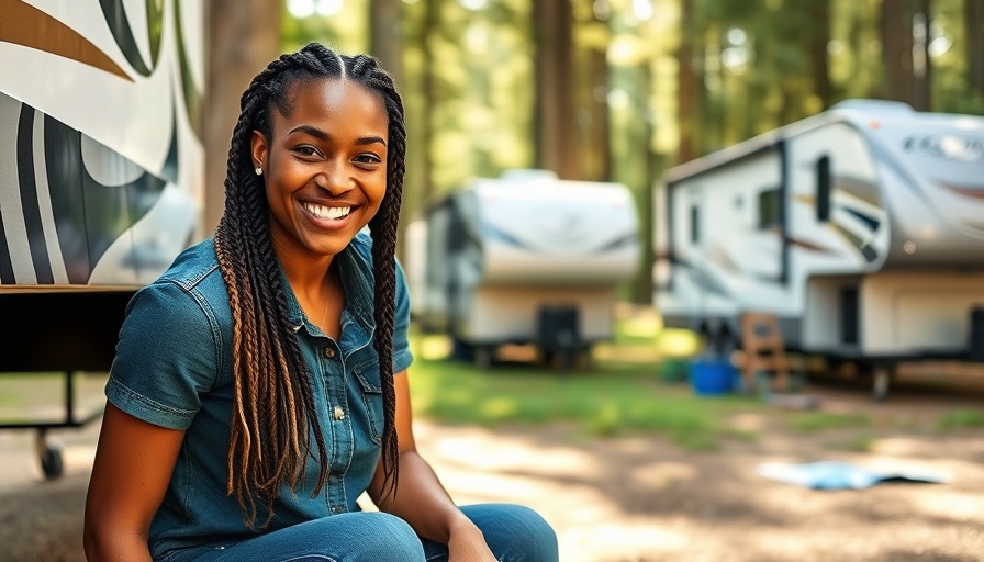 Woman adjusting RV stabilizer jack at forest campsite