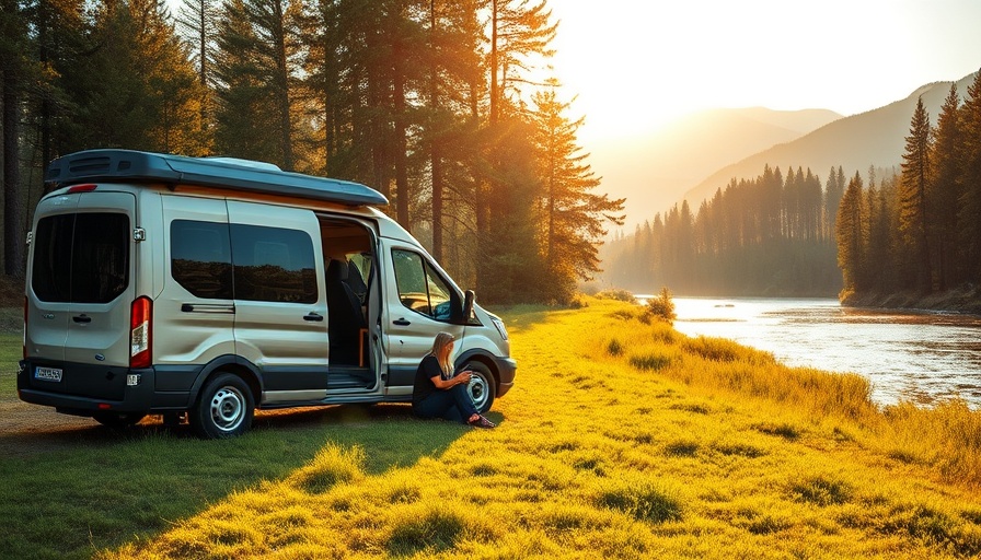 Couple by Ford Transit camper van in scenic nature.