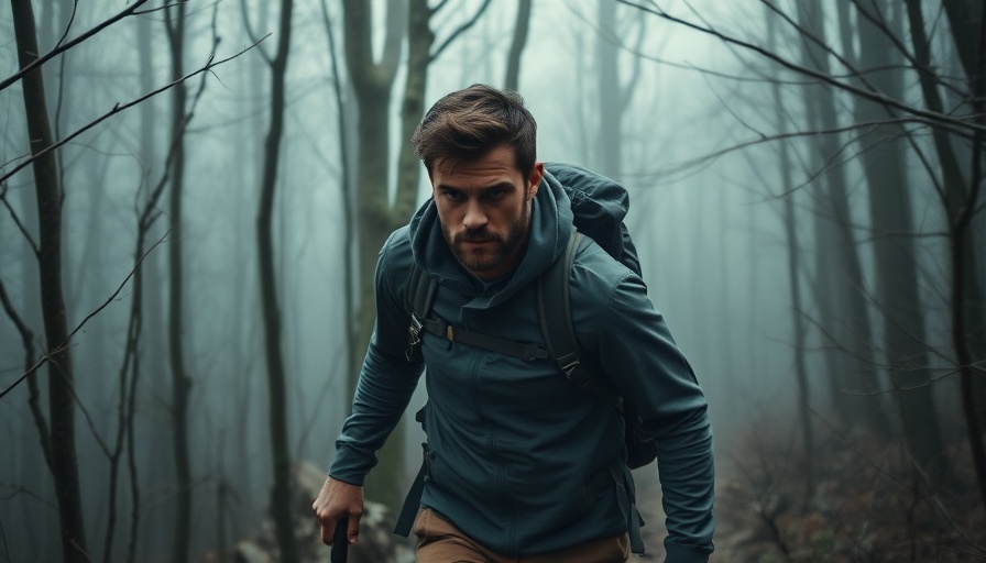 Campers trekking in foggy forest, adventurer hiking.