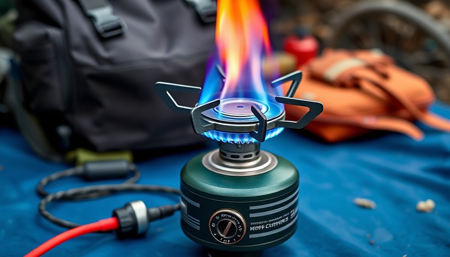 WADEO 24,500+ BTU Stove with blue flame outdoors.