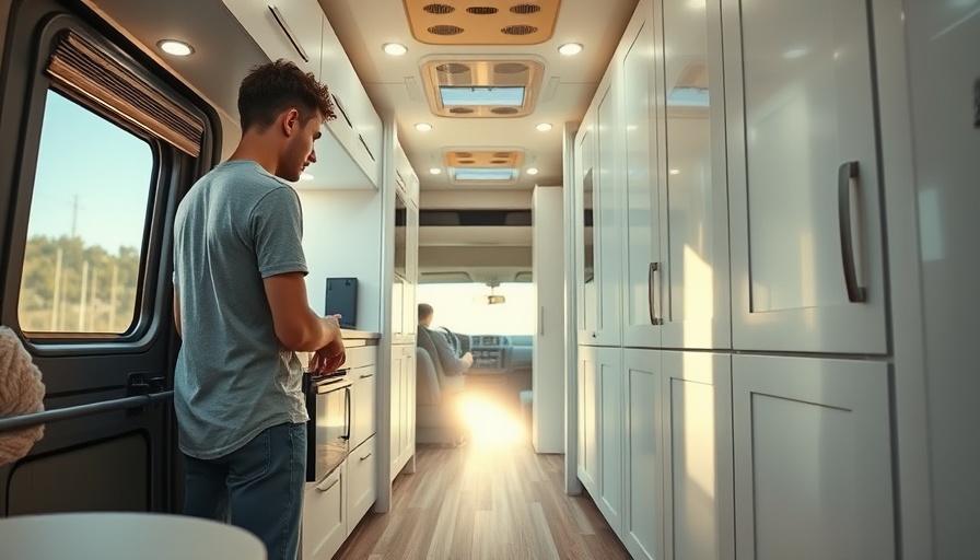 Modern RV interior with person working on flooring installation.