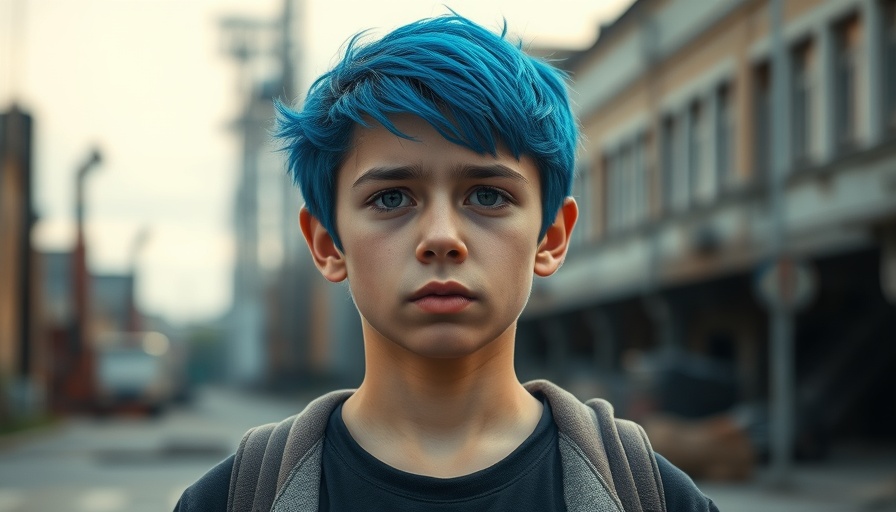 Young person with blue hair outdoors, industrial background.