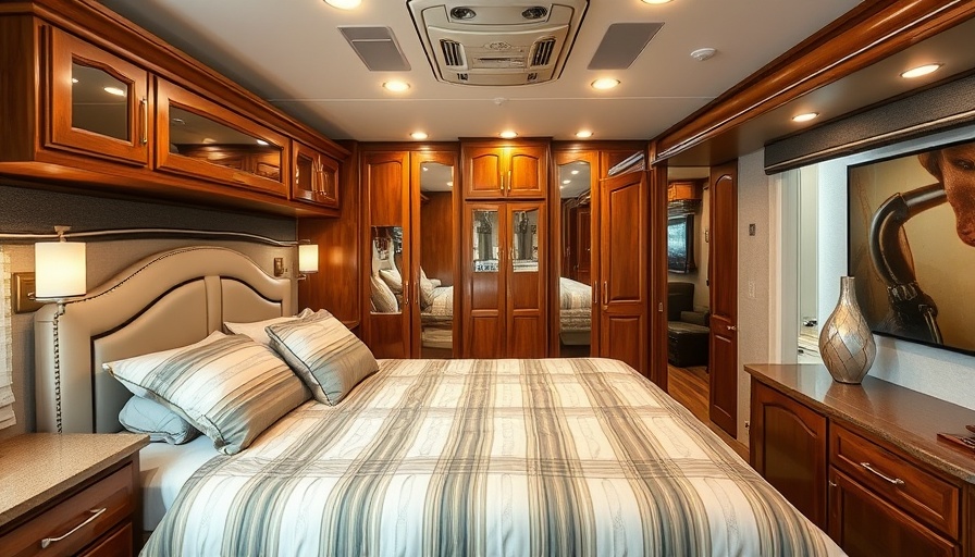 Spacious fifth wheel with a king bed and mirrored wardrobe.