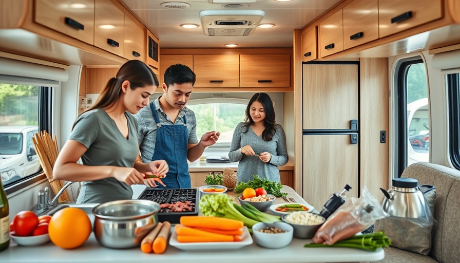 Family preparing meal in RV kitchen with essentials for glamping.