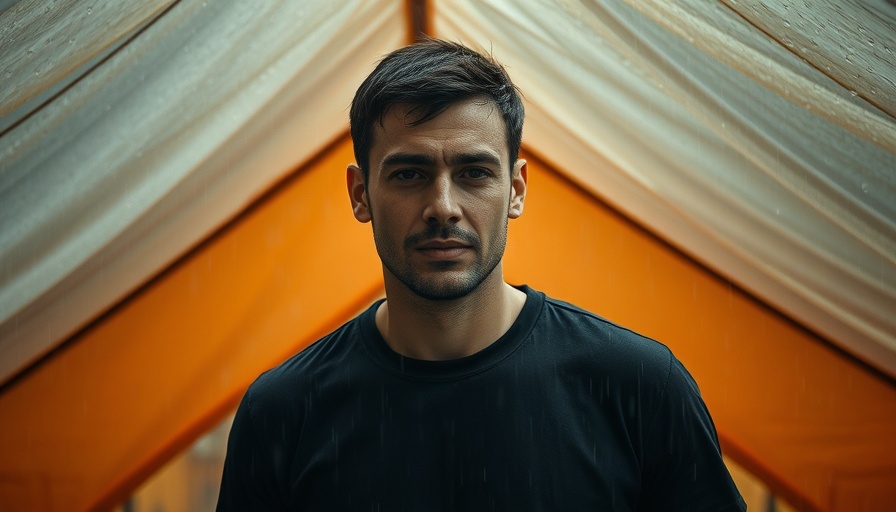Man demonstrating storm camping tips inside a tent during rain.