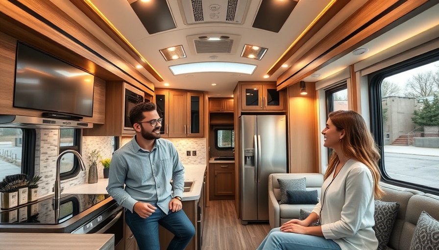 Spacious interior of two-story RV with modern kitchen and people.