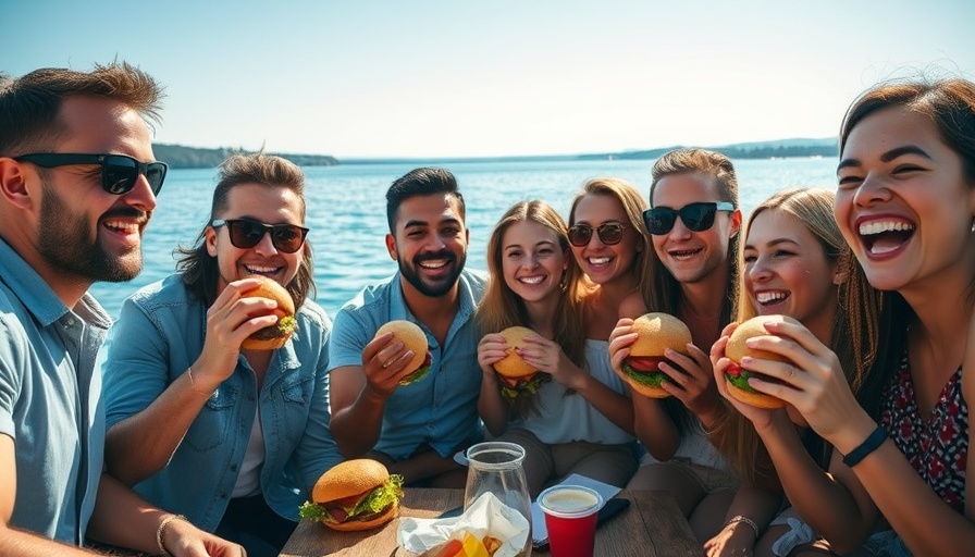 Friends celebrating with two-for-one burgers by waterfront.