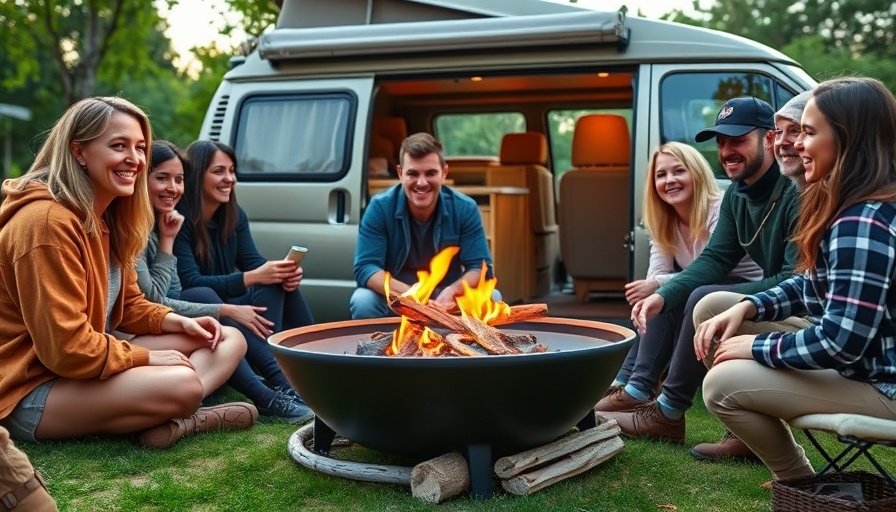 Family using portable fire pit by camper - campfire alternatives
