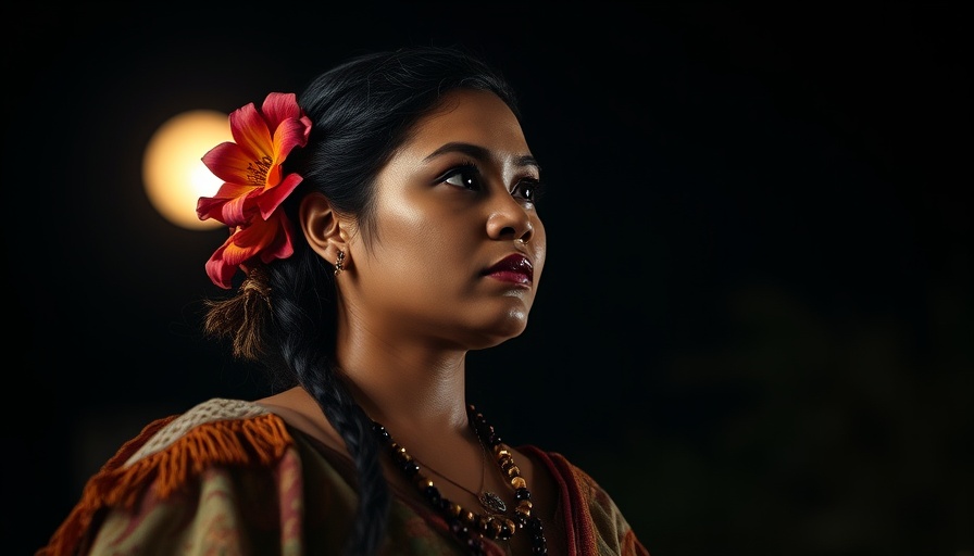 Samoan woman in traditional attire under moonlight representing Samoan culture and motherhood.