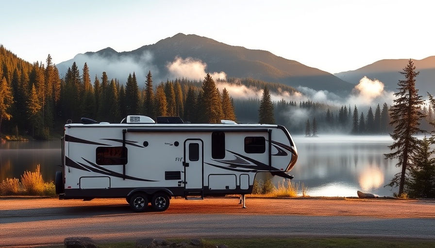 Two-bedroom fifth wheel trailer by a lake with mountains and trees.