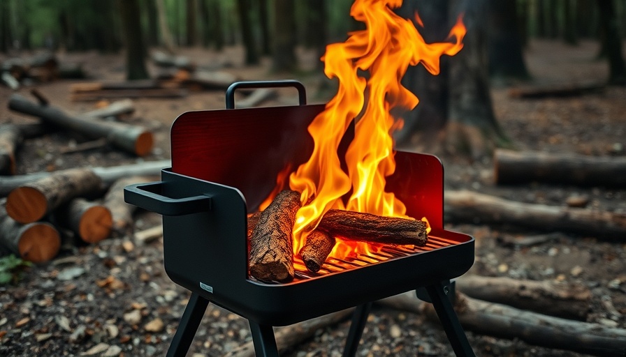 Outdoor scene with Campingmoon adjustable grill and flames in the forest.
