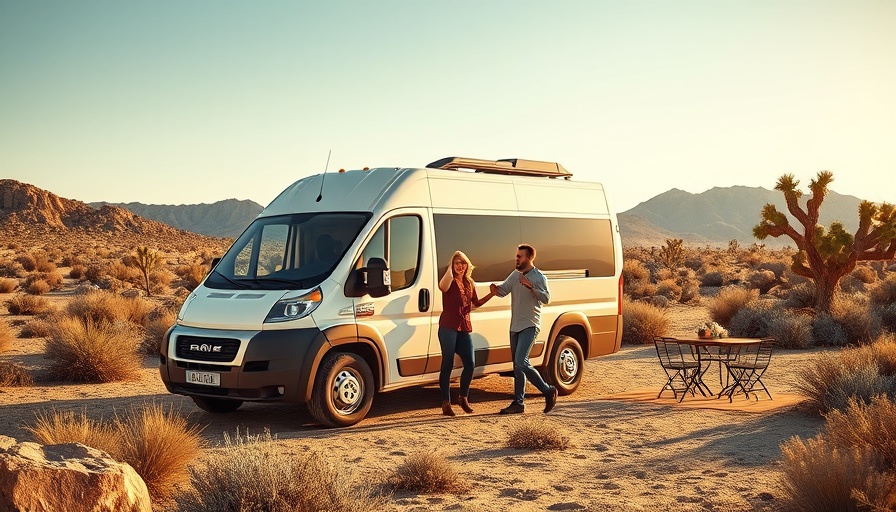 RAM ProMaster camper van parked in desert with couple dancing nearby.