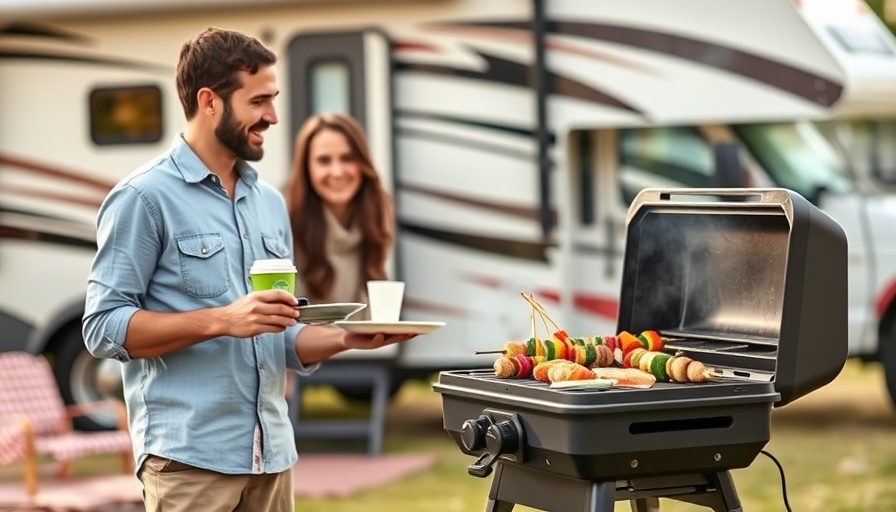 Casual RV grilling scene with portable grill and couple.