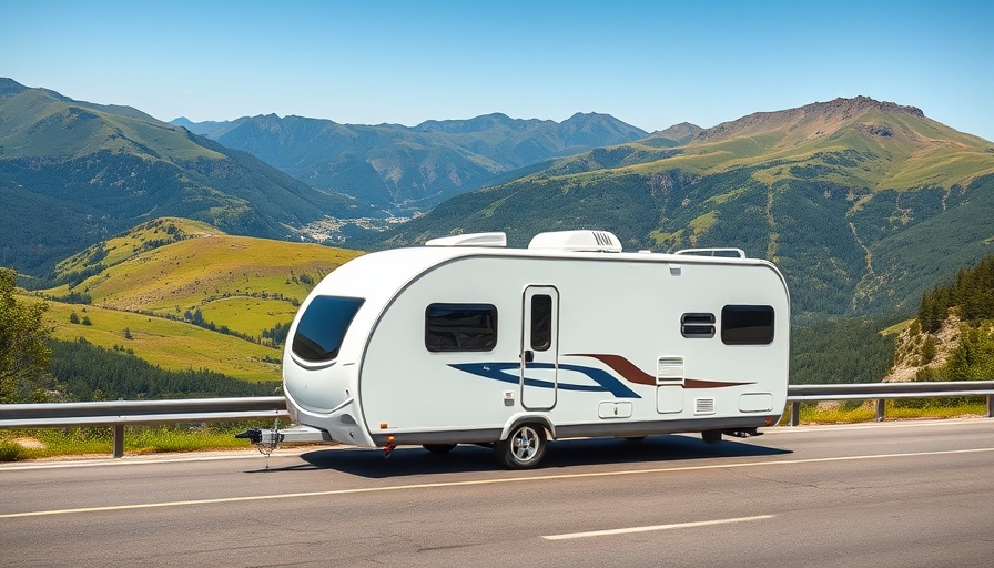Travel trailer with garage space on scenic mountain road.