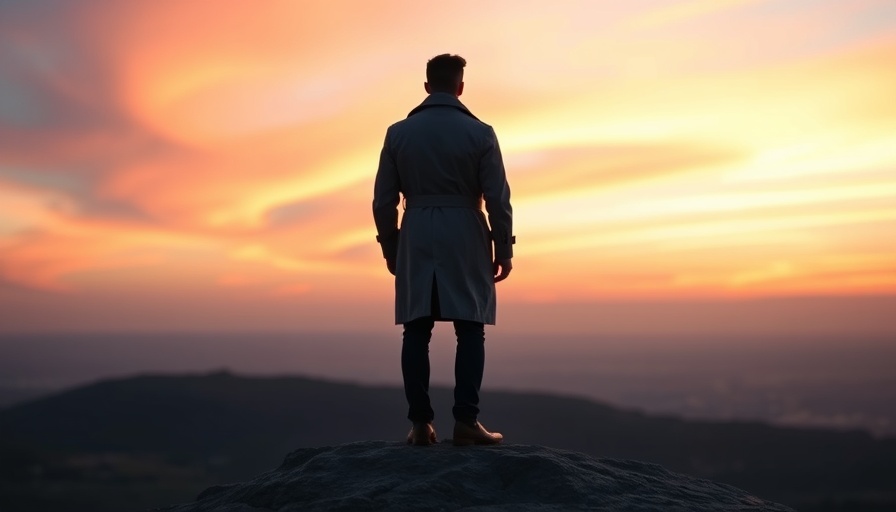 Man in trench coat standing on rock at sunset. BritBox Streaming Service.