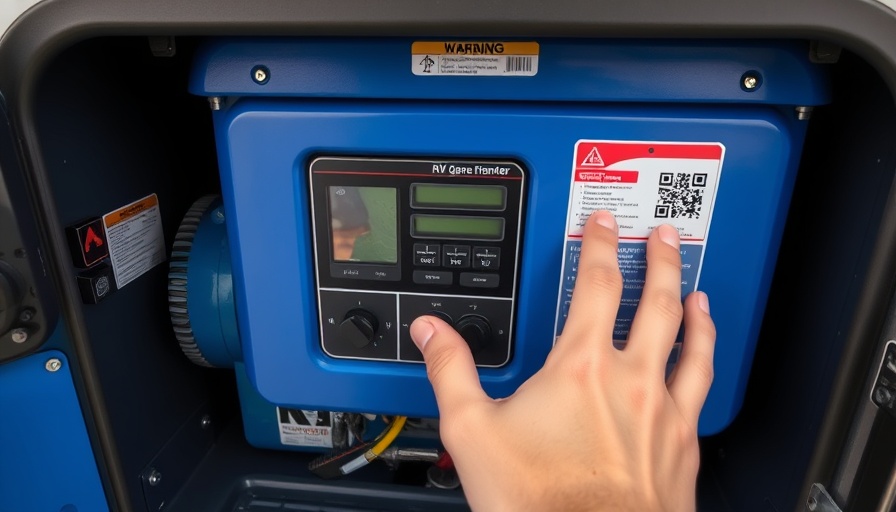 Hand reaching towards RV generator control panel in compartment, RV Generator Troubleshooting.