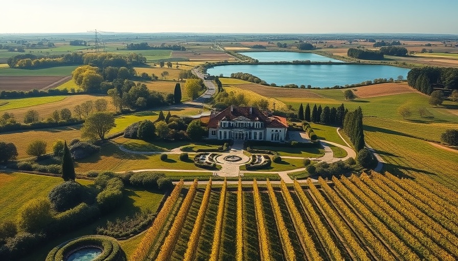 Luxurious estate with vineyards and lake, ideal for gourmet dining and luxury glamping.