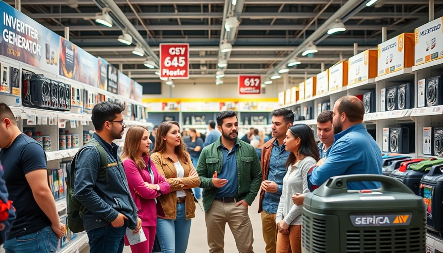 Shoppers explore inverter generators in a well-lit retail store.