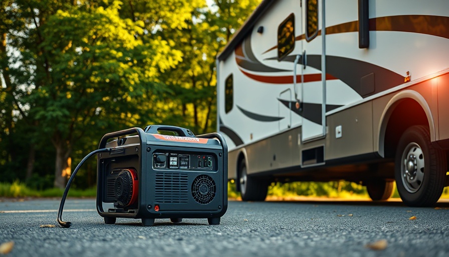 Compact portable generator next to an RV in a scenic camping spot, ideal for quiet power supply.