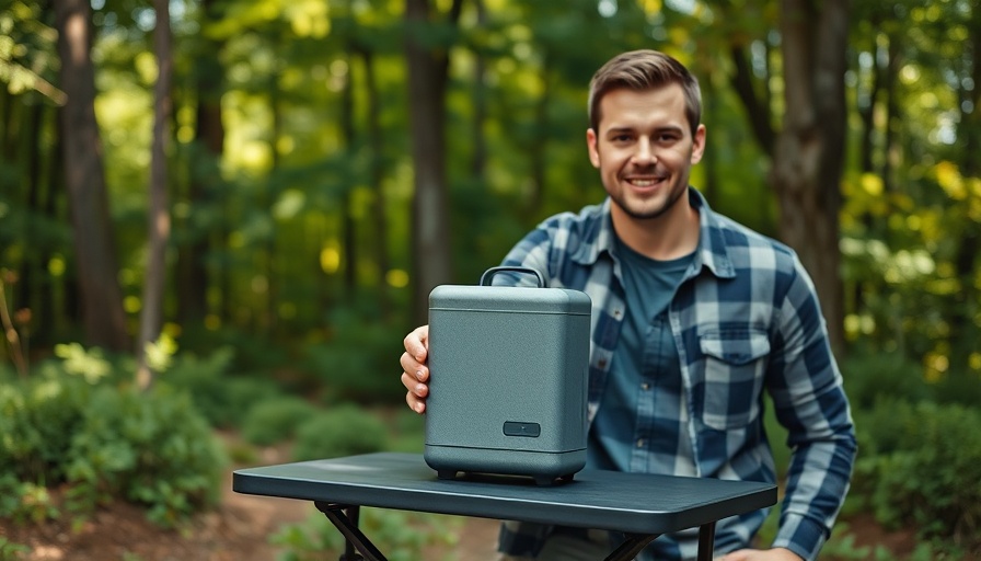 Man with CampingMoon Butane Storage Case at a table in forest.