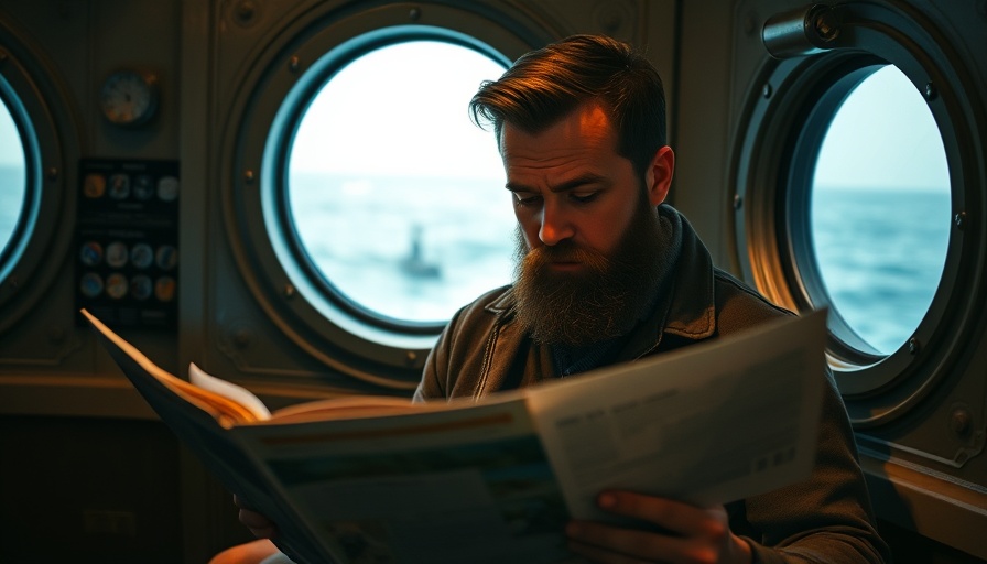 Curious man reading documents in dim ocean-themed room, Aussie Thrillers.