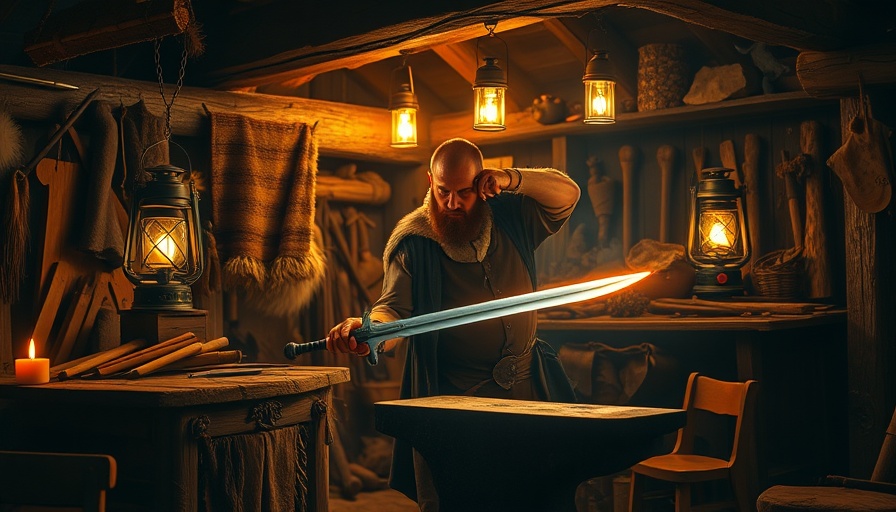Viking blacksmith forging in rustic workshop for family glamping experience.