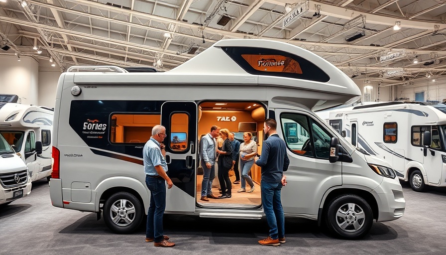 Sleek motorhome interior tour at a motorhome show, showcasing toy hauler motorhomes.