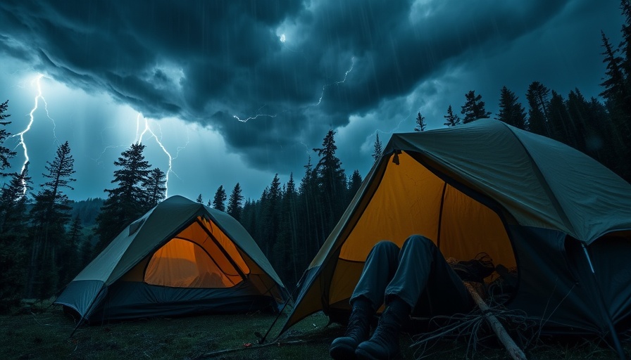 Adventurer glamping in heavy rain with lightning and a tent.