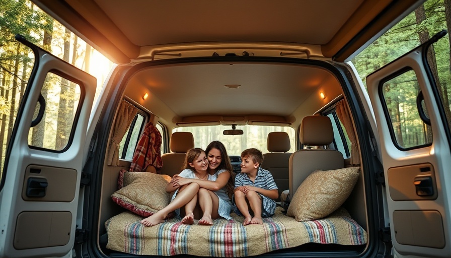Family relaxing in a fishing RV amidst a lush forest setting.