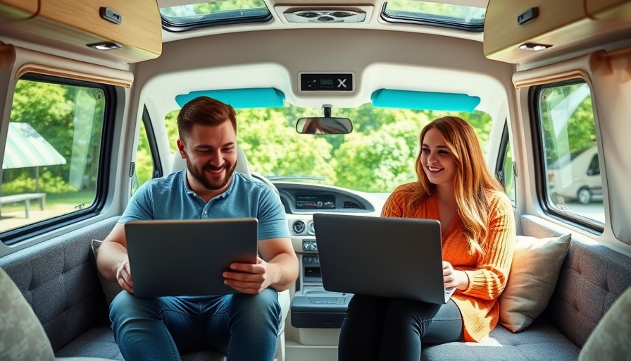 Couple in RV using laptops for internet access, Get Internet in an RV.