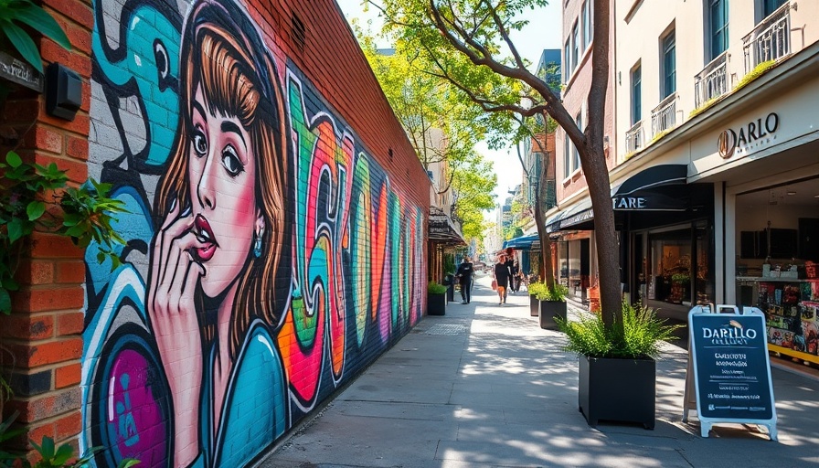 Vibrant street art in Darlo Village Sydney showcasing bustling street life.