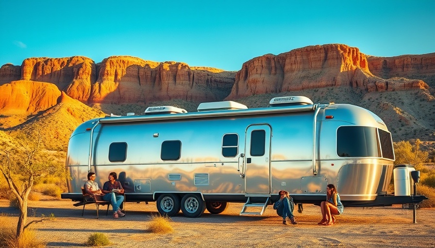 40-foot travel trailers for glamping with people relaxing outdoors.