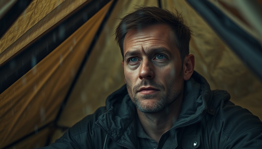 Man glamping during the heaviest rain, inside a tent, staying dry.