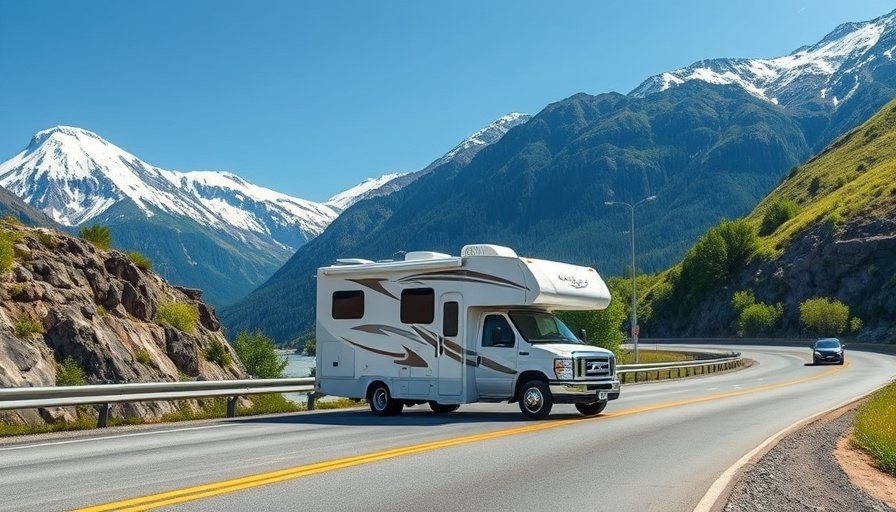 Class C Motorhome with king bed on scenic mountain road with river.