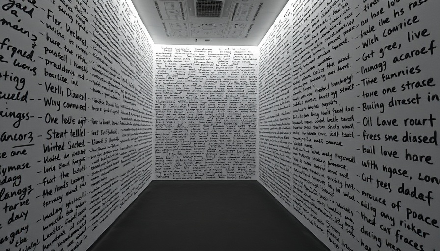 Monochromatic room with names written on black walls, Archie Moore glamping.